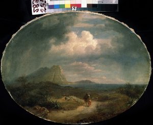「イタリアの風景」荒天時の海辺の風景、道を歩くカップル。 19世紀初頭のフランス派の絵画。 Mikhail Kroshitsky Art Museum、セヴァストポリ (セヴァストポリ) ウクライナ 作： French School