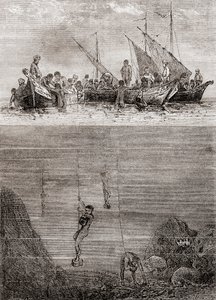18世紀のセイロン島沖での真珠採り（1870年頃発行の「Les Merveilles de la Science」より）（エングレーヴィング 作： French School