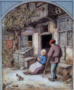 家の前の農民たち フランス派の水彩画。16世紀のシャンティイ、コンデ美術館 作： French School
