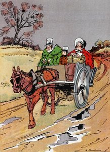 ペゴティは膝の上に買い物かごを乗せていた」チャールズ・ディケンズ（1812-70）作「デビッド・カッパーフィールド」第3章の一場面（カラーリトグラフ） 作： French School