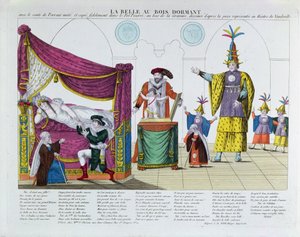 チャールズペロー（1628-1703）おとぎ話の後の眠れる森の美女のパフォーマンス、1820年頃、パリのヴォードヴィル劇場で（カラー彫刻） 作： French School