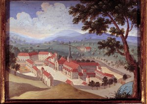 ポルト・ロワイヤル・デ・シャンの修道院の透視図。Port-Royal-des-Champsの修道院の眺め）。)18世紀の匿名の絵画。ポルト・ロワイヤル、グランジュ美術館。 作： French School