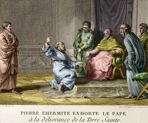 1093年、教皇ウルバン2世に聖地の解放を説く隠者ペテロ（第1回十字軍を説く隠者ペテロ）-18世紀後半、『フランス史人物図鑑』のエングレーヴィング 作： French School