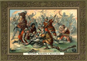 1214年のブービンズでのフィリップ・オーギュスト。19世紀のクロモリトグラフ Coll.ビアンケッティ 作： French School