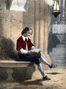 ピエール・ガッセンディ（1592 - 1655）：教会の声門から吊るされたランプの下に座って読み始めた-ウジェニー・フォア夫人の「Les enfants illustres - tales historiques」にて 作： French School