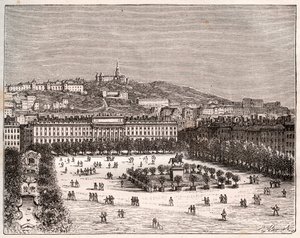 ベルクール広場またはルイ・ル・グラン広場（リヨンの最も大きな広場） - V.-A. Malt-Brown著「La France illustree: geography, history, statistical administration」に掲載された彫刻。V.-A. Malt-Brown著「La France illustree: geography, history, statistical administration」の版画。1884 作： French School