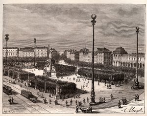 パリのレピュブリック広場 - V.A.マルト・ブラウンの「La France illustree: Geography, History, Administration Statistique」に掲載された彫刻。1884 作： French School