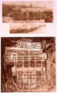 ジュール・アドルフ・ショーヴェ（b.1828）が彫った「中世およびルネッサンス期の建築の断片」より、イタリア・チボリのヴィラ・デステの平面図と眺望（リトグラフ版 作： French School
