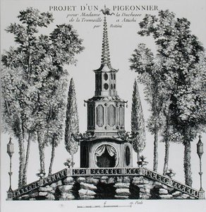 ジョージ・ルイ・ルルージュ著「新時代の庭の詳細」より、鳩小屋の設計図（1775-78年頃に出版されたエングレービング）（モノクロ写真） 作： French School