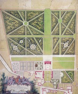 コントデカラマンに属するロワシーのシャトーと公園の計画（紙にペンとインクとトイレ） 作： French School