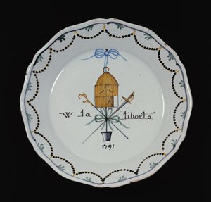 開いた鳥かごのあるプレートと伝説のVive la Liberte、1791年（セラミック） 作： French School