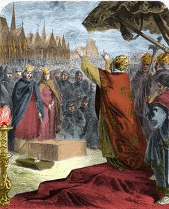 1163年、教皇アレクサンダー3世（オルランド・バンディネリ）（アレッサンドロ3世）は、フランス国王ルイ7世と前夜祭のモーリス・ド・サリーの立会いのもと、パリのノートルダム大聖堂（ノートルダム寺院）の最初の石を打ちました。 作： French School