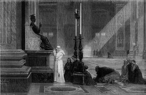 ローマのサン・ピエトロ大聖堂のサン・ピエトロ像の近くで祈る教皇ピウス9世（1792-1878）。フランシス・ウェイ著『Rome: description and souvenirs』（1870年）に掲載された図版。 作： French School