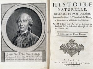 ビュフォンの「自然界、一般、特殊の歴史」の肖像画とタイトルページ 作： French School