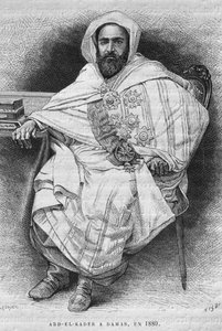 今日のシリアの1880年（1808-83）のダマスカスにあるアブドエルカデルの肖像。フェニシア、レバノン、ジューディーへの旅。 1884年、ルイシャルルエミールロルテの1875-1880（bw彫刻） 作： French School