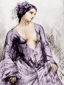 1852年にボードレールの愛人であったアポロニーサバティエの肖像画、絵、色分けされた文書 作： French School