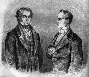 フランスの作家、シャルル・ノディエ（1780-1844）とプロスペル・メリミー（1803-1870）の肖像。1866年から1867年のエングレーヴィング。