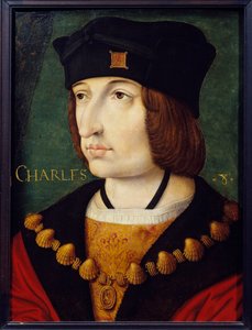 ルイ11世の息子シャルル8世（1470-1498）の肖像 ジャン・ペレアルによる16世紀フランス派の絵画。薄暗い。0.36x0.27 m シャンティイ、コンデ美術館