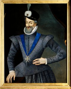 アンリ4世（1553-1610）フランス王の肖像。聖霊の騎士団(Order of the Holy Spirit)の記章のネックレスを持っている。17世紀の匿名のフランス絵画。キャンバスに油彩。ディム：0,95x1,13m。強制的に言及。サリー・シュル・ロワ 作： French School