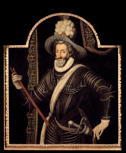 白のキュイラッセと羽飾りをつけたヘンリー4世（フランス・ナバラ王）の肖像（1553-1610年） 16世紀フランス派の無名の絵画。寸法1.15x0.99メートル。