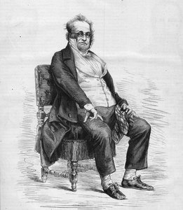 フランスの劇作家、漫画家、コメディアンであるアンリ・モニエ（1799-1877）のポートレート。19世紀のフランスのブルジョワを描いたモニエ考案のキャラクター「ムッシュー・プリュドム」に扮しています。の「Le Monde Illustré」n°1031に掲載されたエングレーヴィング。