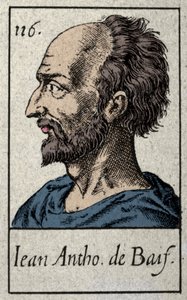 フランスの詩人、ジャン・アントワーヌ・ド・バイフ（1532-1589）の肖像。19世紀のエングレーヴィング。 作： French School