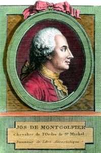 熱気球を発明したジョセフ・ド・モンゴルフィエ（1740〜1810）の肖像。18世紀のエングレーヴィング。個人蔵。 作： French School