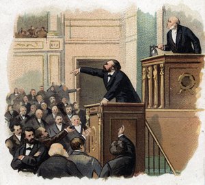 ギャラリーに展示されているレオン・ガンベッタ（1838 - 1882）の肖像。20世紀初頭のクロモリソグラフィー（Chromo）。 作： French School