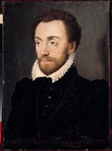 1561年、ブルボン家の第一王子であるルイ1世（1530-1569）の肖像。16世紀のフランス派の絵画。薄暗い。032x0.23m。ヴェルサイユ宮殿、ヴェルサイユ城、トリアノン城 作： French School
