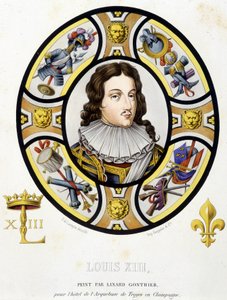 フランス王ルイ13世（1601-1643）の肖像。Ferdinand de Lasteyrie著「Histoire de la peinture sur verre」に掲載されている中世のステンドグラスのFacsimile。 作： French School