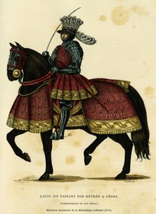 1502年8月26日にゲネスに入場するフランス王ルイ12世（1462-1515）の肖像。オーギュスタン・シャラメル（F.Roy）の「France et les francais a travers les centuries」に掲載された国立図書館の細密写本（1515年）に基づくカラーエングレーヴィング。 作： French School