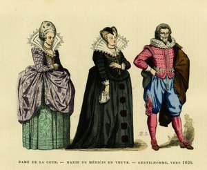 未亡人の服を着て、宮廷の女性と紳士に囲まれたフランス王妃マリー・ド・メディシス（1573-1642）の肖像（1620年頃）。カラーエングレーヴィング、オーギュスタン・シャラメル著「France et les francais a travers les siecles」（F.Roy編）、18年パリ刊。 作： French School