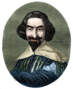 スペインの作家、ミゲル・デ・セルバンテス・サアベドラ（1547-1616）の肖像。ベラスケスの絵から1852年に作成された版画。 作： French School
