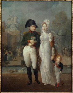 ナポレオン1世（1769-1821）とマリー・ルイーズの肖像とその息子であるローマ王ナポレオン2世、ライヒシュタット公爵（チュイルリー庭園にて） 匿名の絵画。19世紀 個人蔵 - ナポレオン1世（1769-1821）とマリー・ルイーズの肖像とその息子のローマ王 作： French School