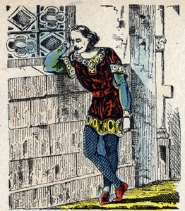 ローワー ロタリンジーのチャールズ皇太子 (ロレーヌのチャールズ 1 世) (953-991) の肖像画は、991 年にオルレアンで封じられた (ローワー ロレーヌ公チャールズは、オルレアンでユーグ カペーによって投獄され、991 年にまもなく死亡した) エピナルの画像 19世紀 プライベート 作： French School