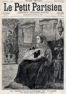 ワゴン・サロンでフランスを旅するイギリスのヴィクトリア女王（1819-1901）の肖像。フランスの新聞「Le petit Parisien」の一面に掲載されました。3月21日 作： French School