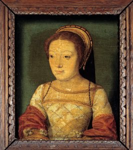 ルイ12世の娘でフェラーラ公爵夫人のレネ・ド・フランスの肖像（1510 - 1575年）。木に油彩、0.16 x 0.13 m。無名の絵画。16世紀のフランス派。