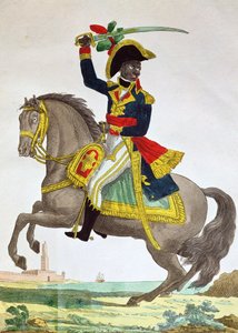 19世紀初頭の馬に乗ったトゥーサンルーヴェルトゥール（1743-1803）の肖像（カラー彫刻） 作： French School