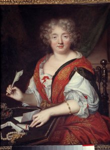 以前はセヴィーニュ夫人（1626-1696）とされていた文章を書く女性のポートレート 文章を書く女性、Marie de Rabutin-Chantal (Rabutin Chantal), Marquise de Sevigne dit Madame de Sevigne (1626-1696)であろう。彼女は腕の半分の高さにブレスレットをつけています。アノニー 作： French School