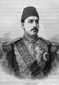 ゲオルクモリッツエバースのLEgypte（1837-98）、1881年（bw彫刻）のKhedive Tawfig（1819-92）の肖像 作： French School