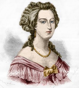 ブフラー侯爵夫人Marie Francoise Catherine de Beauvau Craon (1711-1787)の肖像。古代から現代までの世界のすべての民族における売春と放蕩の歴史」に掲載されているエングレーヴィング。-F.Debrayによる「古代から現代までの世界のすべての民族における売春と放蕩の歴史」の版画。1879. 作： French School