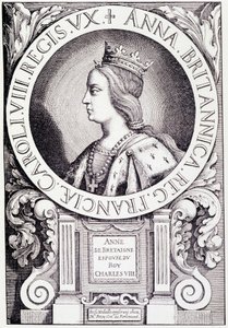 フランス王妃アンヌ・ド・ブルターニュ（1477-1514）の肖像。ポール・ラクロワ著「ルイ12世とアンヌ・ドゥ・ブルターニュ」からの挿絵。ジョルジュ・フルトレル 作： French School
