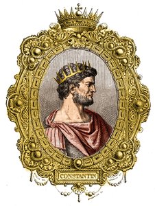 ローマ皇帝コンスタンティヌス1世（274〜337年）の肖像。モーリス・ラシャトレ著「Histoire des papes-king-queens-et-empereurs a travers les centuries」に掲載されている図版。 作： French School