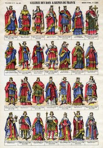 ロトワール（941-986）からルイ10世（1289-1316）までのカペー朝（Capetian dynasty）のフランス国王・王妃の肖像。19世紀末のエピナル撮影。個人蔵。 作： French School
