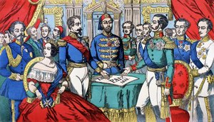 1856年の講和条約締結時のヨーロッパ各国の主権者の肖像：左からサルデーニャ王ヴィクトル・エマニュエル2世（ヴィットリオ・エマニュエル）、イギリス女王ヴィクトリア、トルコ皇帝ナポレオン3世、ロシア王アレクサンドル2世、F 作： French School