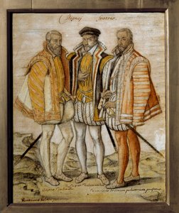 コリニー3兄弟（オデ（1517-1571）、ガスパール（1519-1572）、フランソワ）の肖像。匿名のデッサン。日 0,26x0,21m シャンティ、ミュゼ・コンド 作： French School