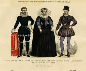 1600年以前の肖像画。メリー・シュル・オワーズの領主アントワーヌ・ド・サン・シャマンとフランス王アンリ4世（1553-1610）が、見知らぬ女性を囲んでいる。Gaignieres のデッサンによる彩色版画、"France et les francais à travers les siecles "所収。 作： French School