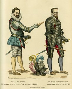 1580年に歩兵大将のコートを着たバラフレとして知られるアンリ1世ド・ギーズ（1549-1588）と、1576年頃にフランスの牧童だったフランソワ・ド・モンモランシー（1530-1579）のポートレート。カラーエングレーヴィング、アウグの「France et les francais a travers les siecles」に掲載。