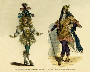 劇場衣装とカルーセルを着たルイ14世（1638-1715）の肖像。カラーエングレーヴィング、オーギュスタン・シャラメル著「France et les francais a travers les centuries」（F.Roy編集）、1882年パリ。セルバ・コレクション。