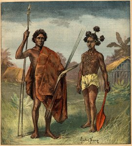 ニュー・サウス・ウェールズ州（オーストラリア）のMarringong族の2人の先住民のポートレート。1892年9月8日付「La Terre Illustree」97号に掲載された版画。 作： French School